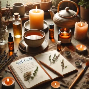 DALL·E 2025-03-06 12.33.50 - A peaceful holistic wellness setup featuring a cup of herbal tea, a lit candle, essential oils, and a journal open to a self-care reflection prompt. T DALL·E 2025-03-06 12.33.50 - A peaceful holistic wellness setup featuring a cup of herbal tea, a lit candle, essential oils, and a journal open to a self-care reflection prompt. T